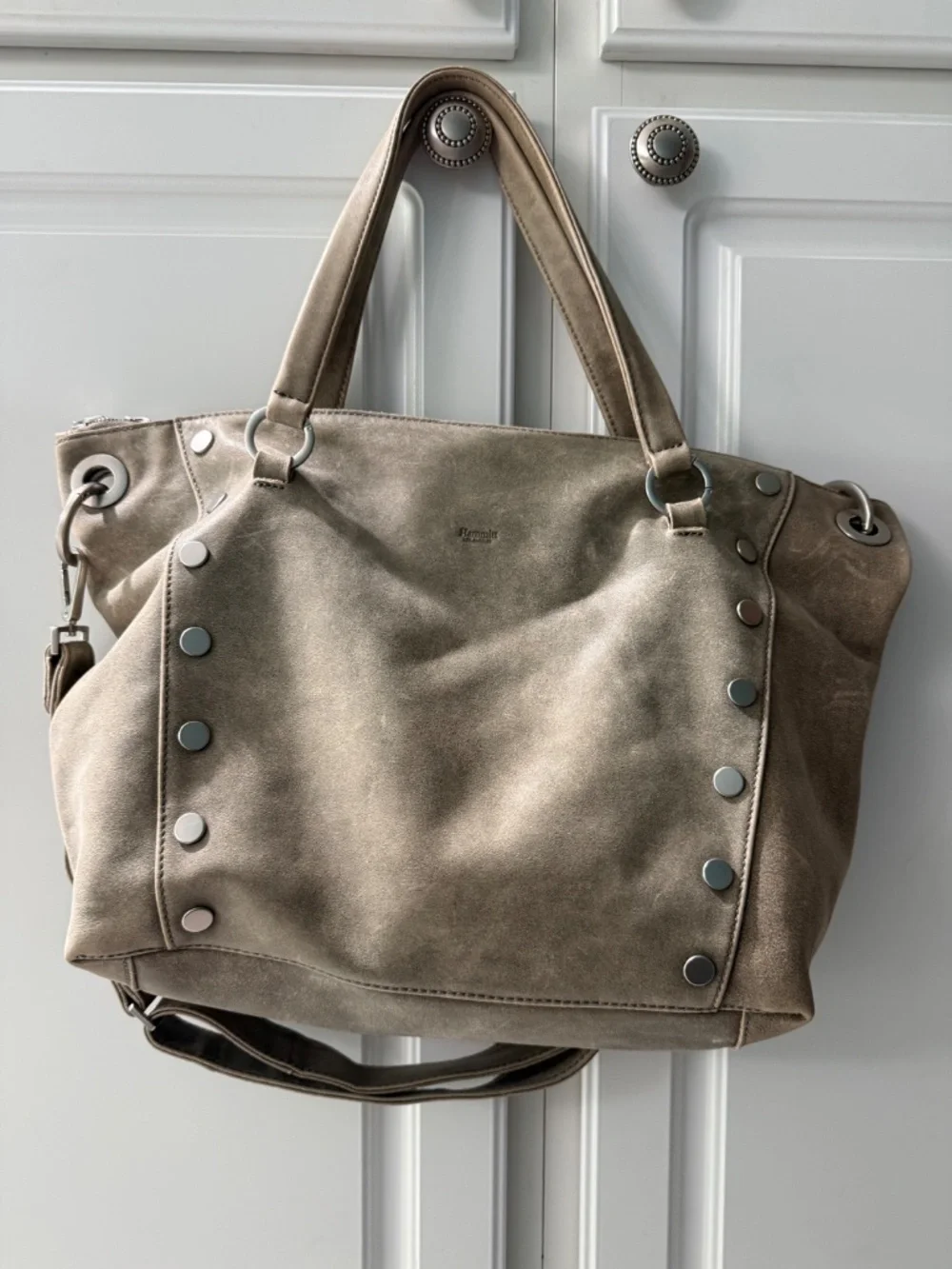 HAMMITT METALLIC SILVER LEATHER STUDDED LARGE TOTE/SHOULDER BAG